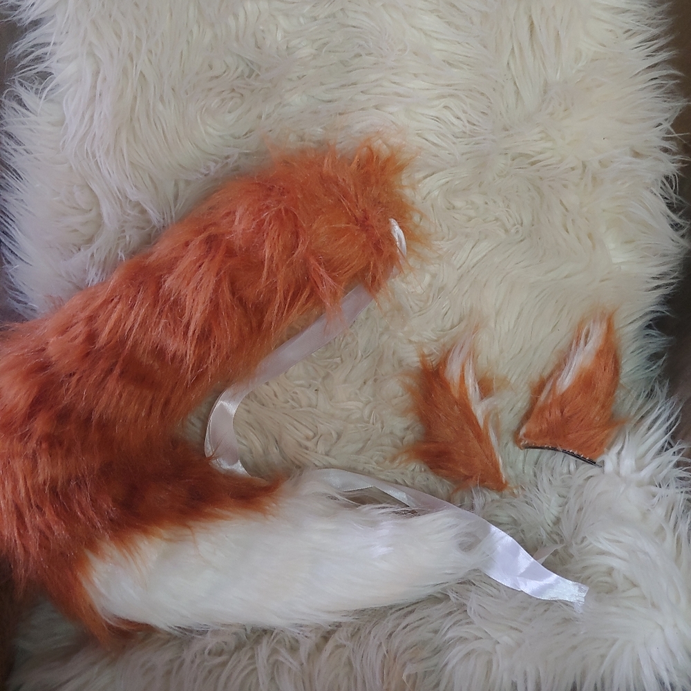 Faux Fur Orange & White Tail and Ear Set for Women